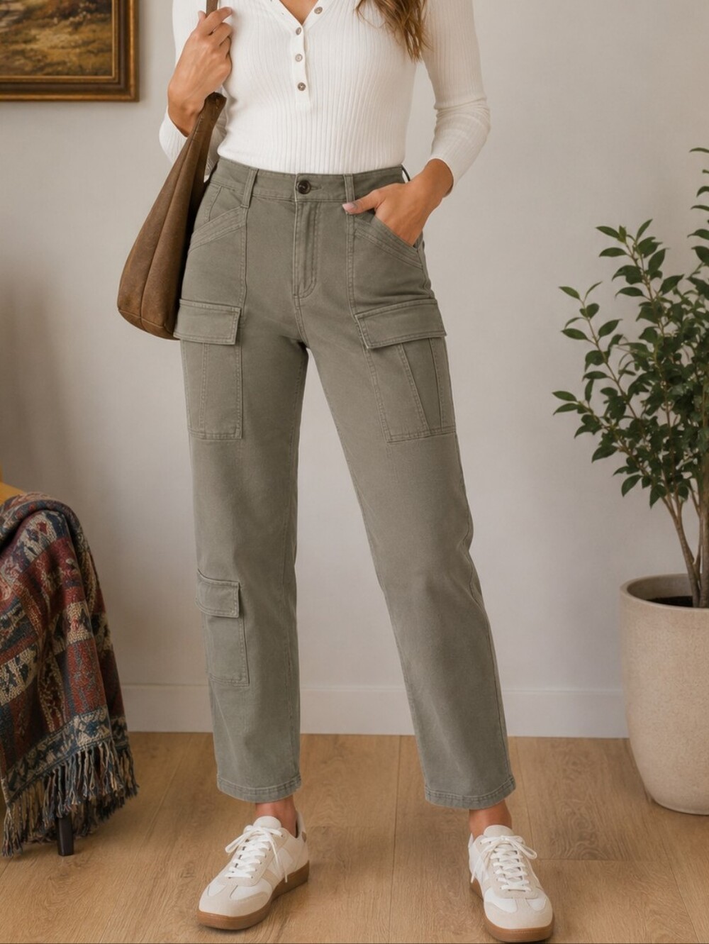 H&M Khaki Green High Waisted Cargo Pants Sz 4